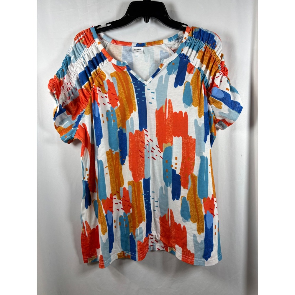 XIEERDUO Women XL Abstract Brushstroke V-Neck Ruched Short Sleeve Top Multicolor